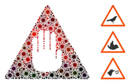 Collage caution constructed from coronavirus icons in random sizes, red colors. Vector infection icons are arranged into abstract collage caution icon. Some bonus icons are added.のイラスト素材