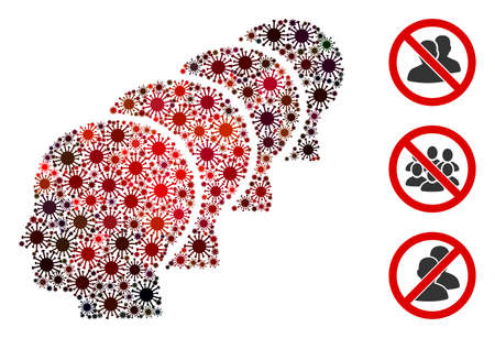 Mosaic people composed of coronavirus items in various sizes, red colors. Vector infection items are composed into abstract mosaic people icon. Some bonus icons are added.のイラスト素材