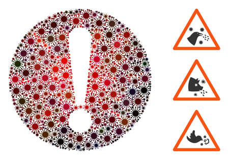Collage problem composed of flu virus elements in various sizes, red colors. Vector pathogen parts are composed into abstract collage problem icon. Some bonus icons are added.のイラスト素材