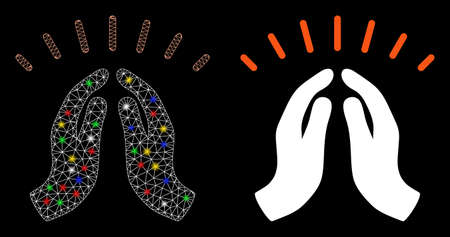 Bright mesh hope hands with glare effect. Abstract illuminated model of hope hands icon. White wire carcass triangular mesh hope hands and base icon. Vector abstraction on a black background.のイラスト素材