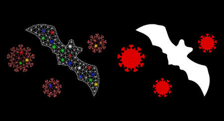 Colorful mesh bat virus with glow effect. Abstract illuminated model of bat virus icon. White wire carcass polygonal mesh bat virus and base icon. Vector abstraction on a black background.のイラスト素材