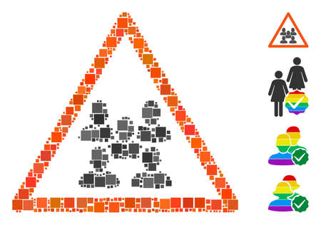 Mosaic People group warning icon united from square elements in random sizes and color hues. Vector square parts are united into abstract mosaic people group warning icon. Bonus icons is placed.のイラスト素材