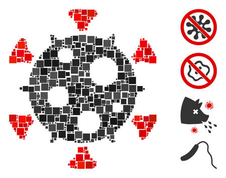 Collage Virus icon united from square elements in random sizes and color hues. Vector square elements are composed into abstract mosaic virus icon. Bonus icons is placed.のイラスト素材