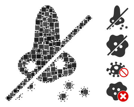 Mosaic No nasal virus spread icon constructed from square items in different sizes and color hues. Vector square items are arranged into abstract collage no nasal virus spread icon.のイラスト素材