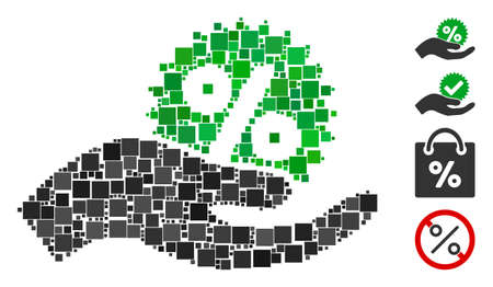 Mosaic Give percent bonus icon united from square elements in various sizes and color hues. Vector square elements are organized into abstract mosaic give percent bonus icon.のイラスト素材