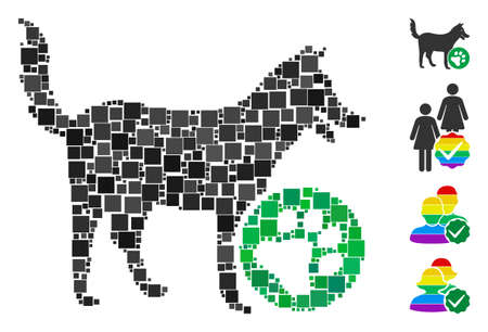 Mosaic For dogs icon organized from square elements in various sizes and color hues. Vector square elements are combined into abstract mosaic for dogs icon. Bonus pictograms are added.のイラスト素材