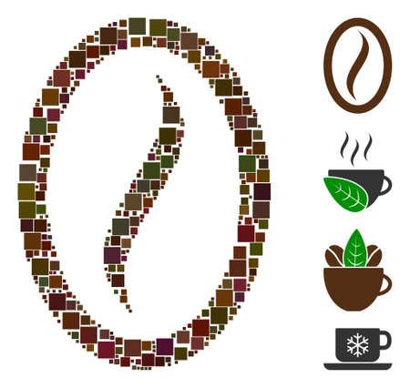 Mosaic Coffee bean icon organized from square items in random sizes and color hues. Vector square items are arranged into abstract mosaic coffee bean icon. Bonus pictograms are added.のイラスト素材