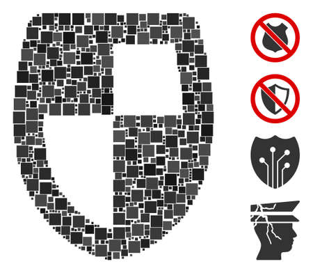Collage Shield icon organized from square items in different sizes and color hues. Vector square items are composed into abstract collage shield icon. Bonus icons are added.のイラスト素材