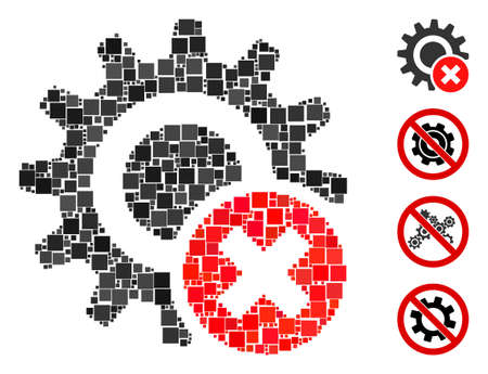 Mosaic Wrong settings gear icon composed of square elements in random sizes and color hues. Vector square elements are organized into abstract mosaic wrong settings gear icon. Bonus icons are placed.のイラスト素材