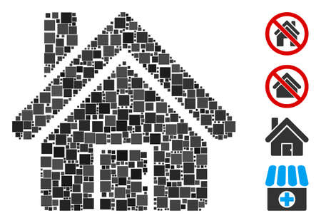Mosaic House icon constructed from square elements in random sizes and color hues. Vector square elements are organized into abstract mosaic house icon. Bonus pictograms are placed.のイラスト素材