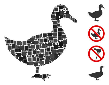 Collage Duck icon united from square items in variable sizes and color hues. Vector square items are united into abstract mosaic duck icon. Bonus pictograms are placed.のイラスト素材