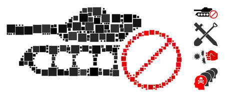 Collage No tanks icon composed of square items in variable sizes and color hues. Vector square items are grouped into abstract mosaic no tanks icon. Bonus pictograms are added.のイラスト素材
