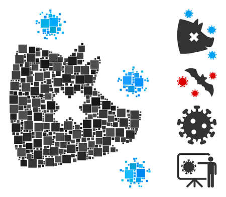 Collage Swine flu icon united from square items in random sizes and color hues. Vector square parts are combined into abstract collage swine flu icon. Bonus pictograms are placed.のイラスト素材