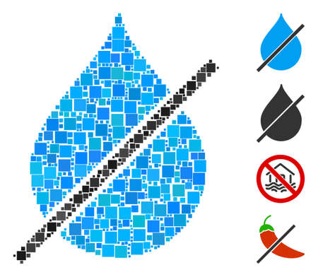 Collage No water drop icon united from square elements in different sizes and color hues. Vector square elements are composed into abstract collage no water drop icon. Bonus pictograms are placed.のイラスト素材