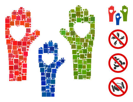 Collage Tolerance hands icon organized from square items in variable sizes and color hues. Vector square items are united into abstract collage tolerance hands icon. Bonus pictograms are added.のイラスト素材