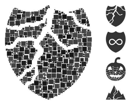 Collage Corrupted shield icon united from square elements in random sizes and color hues. Vector square elements are united into abstract collage corrupted shield icon. Bonus icons are added.のイラスト素材