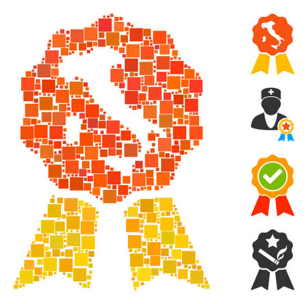 Mosaic Italian quality icon organized from square elements in random sizes and color hues. Vector square elements are united into abstract mosaic italian quality icon. Bonus pictograms are added.のイラスト素材