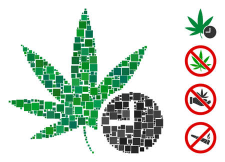 Collage Weed time icon organized from square items in random sizes and color hues. Vector square items are united into abstract illustration weed time icon. Bonus icons are placed.のイラスト素材