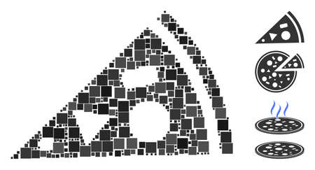 Mosaic Pizza piece icon united from square items in various sizes and color hues. Vector square items are combined into abstract mosaic pizza piece icon. Bonus icons are placed.のイラスト素材
