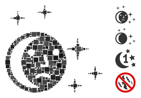 Collage Last night icon composed of square elements in variable sizes and color hues. Vector square parts are grouped into abstract collage last night icon. Bonus pictograms are added.のイラスト素材
