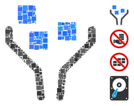 Collage Data filtering icon united from square items in various sizes and color hues. Vector square items are grouped into abstract collage data filtering icon. Bonus icons are placed.のイラスト素材