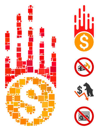 Collage Rush falling dollar icon composed of square elements in variable sizes and color hues. Vector square elements are united into abstract collage rush falling dollar icon. Bonus icons are placed.のイラスト素材