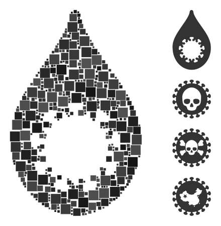 Mosaic Virus drop icon constructed from square elements in variable sizes and color hues. Vector square elements are organized into abstract illustration virus drop icon. Bonus pictograms are added.のイラスト素材