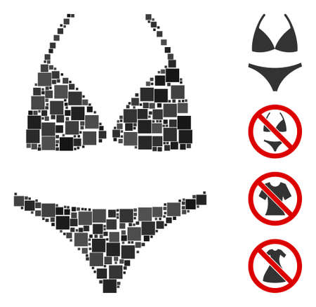Mosaic Bikini icon organized from square elements in various sizes and color hues. Vector square items are composed into abstract mosaic bikini icon. Bonus icons are placed.のイラスト素材