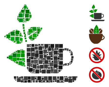 Collage Vegan drink icon united from square items in random sizes and color hues. Vector square items are united into abstract collage vegan drink icon. Bonus pictograms are added.のイラスト素材