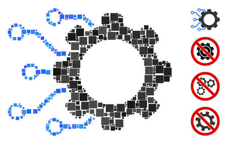 Collage Digital gearwheel icon organized from square items in different sizes and color hues. Vector square items are organized into abstract collage digital gearwheel icon. Bonus icons are placed.のイラスト素材