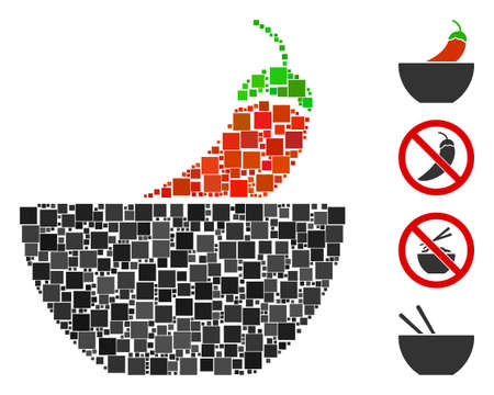Mosaic Spicy food icon constructed from square elements in different sizes and color hues. Vector square elements are arranged into abstract mosaic spicy food icon. Bonus pictograms are added.のイラスト素材