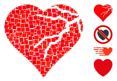 Mosaic Corrupted love heart icon designed from square items in variable sizes and color hues. Vector square items are arranged into abstract mosaic corrupted love heart icon. Bonus icons are placed.のイラスト素材