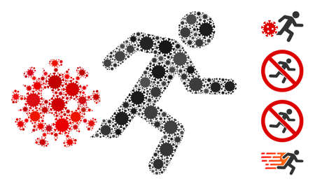 Collage running man from coronavirus united from covid-2019 virus elements in variable sizes and color hues. Vector pathogen icons are united into abstract collage running man from coronavirus icon.のイラスト素材