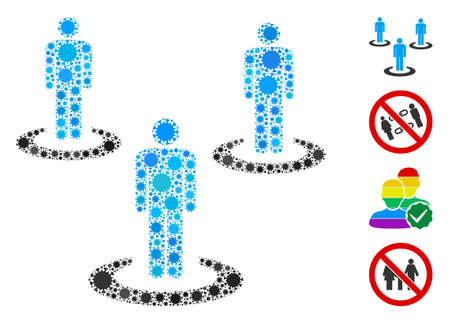 Collage social isolation composed of covid-2019 virus icons in different sizes and color hues. Vector infection icons are arranged into abstract composition social isolation icon.のイラスト素材