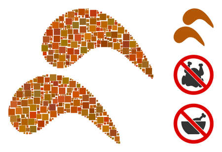 Collage Chicken wings icon united from square items in variable sizes and color hues. Vector square parts are united into abstract collage chicken wings icon. Bonus pictograms are placed.のイラスト素材