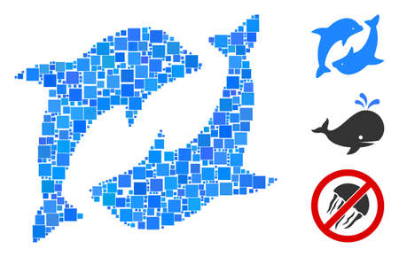 Collage Dolphins icon organized from square elements in various sizes and color hues. Vector square elements are grouped into abstract collage dolphins icon. Bonus icons are placed.のイラスト素材