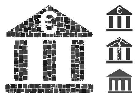 Collage Euro bank building icon organized from square items in variable sizes and color hues. Vector square elements are grouped into abstract collage Euro bank building icon. Bonus icons are placed.のイラスト素材