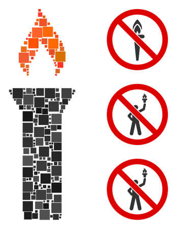 Mosaic Fire torch icon united from square items in different sizes and color hues. Vector square items are grouped into abstract mosaic fire torch icon. Bonus pictograms are added.のイラスト素材