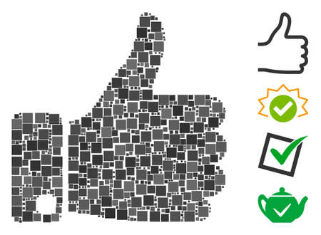 Mosaic Thumb up icon composed of square items in random sizes and color hues. Vector square items are combined into abstract mosaic thumb up icon. Bonus icons are added.のイラスト素材