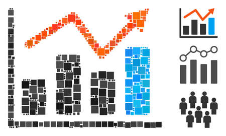 Mosaic Graphs icon united from square elements in random sizes and color hues. Vector square elements are grouped into abstract mosaic graphs icon. Bonus icons are placed.のイラスト素材