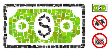 Collage Banknote icon composed of square items in variable sizes and color hues. Vector square items are organized into abstract collage banknote icon. Bonus icons are added.のイラスト素材