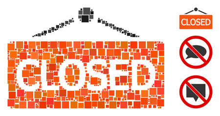 Collage Closed announce icon organized from square elements in various sizes and color hues. Vector square elements are organized into abstract mosaic closed announce icon. Bonus pictograms are added.のイラスト素材