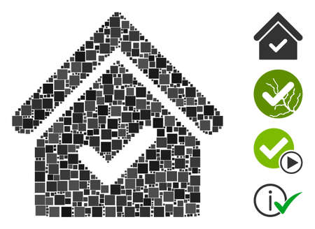 Collage Valid house icon organized from square elements in random sizes and color hues. Vector square elements are organized into abstract collage valid house icon. Bonus icons are placed.のイラスト素材