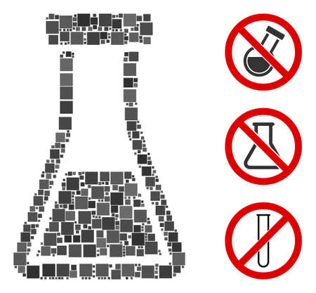 Collage Flask icon united from square items in different sizes and color hues. Vector square items are grouped into abstract collage flask icon. Bonus icons are placed.のイラスト素材