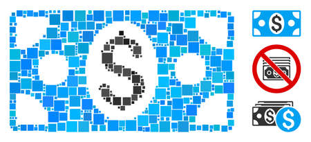 Mosaic Dollar banknote icon composed of square items in different sizes and color hues. Vector square items are composed into abstract mosaic dollar banknote icon. Bonus pictograms are placed.のイラスト素材