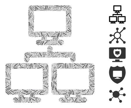 Linear mosaic computer network group icon united from narrow elements in different sizes and color hues. Vector linear elements are united into abstract mosaic computer network group icon.のイラスト素材