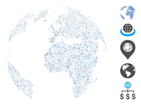Hatch mosaic blue dotted abstract globe icon constructed from straight items in different sizes and color hues. Vector line items are united into abstract mosaic blue dotted abstract globe icon.のイラスト素材