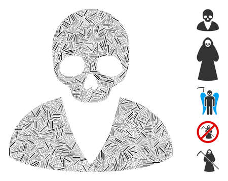 Hatch collage death man icon composed of straight elements in different sizes and color hues. Vector hatch elements are united into abstract collage death man icon. Bonus pictograms are added.のイラスト素材