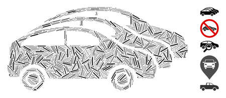 Linear mosaic car traffic icon constructed from thin items in random sizes and color hues. Vector linear items are combined into abstract mosaic car traffic icon. Bonus icons are placed.のイラスト素材