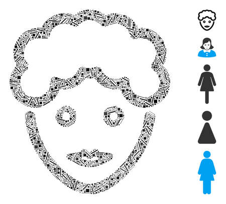 Line mosaic woman avatar face icon composed of straight elements in different sizes and color hues. Vector line elements are composed into abstract collage woman avatar face icon.のイラスト素材